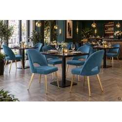 Krzesło Polo noga PROFIL złota MG33 krzesło tapicerowane, w aranżacji restauracji z kilkoma stolikami | dobrekrzesla.pl