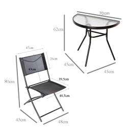 Zestaw Balkonowy CT191 2+1  Półokrągły Stolik ze Szkła + 2 Składane Krzesła Kompaktowy i  Nowoczesny