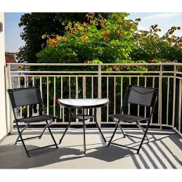 Zestaw Balkonowy CT191 2+1  Półokrągły Stolik ze Szkła + 2 Składane Krzesła Kompaktowy i  Nowoczesny
