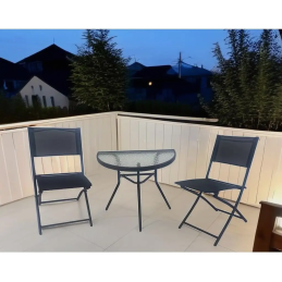 Zestaw Balkonowy CT191 2+1  Półokrągły Stolik ze Szkła + 2 Składane Krzesła Kompaktowy i  Nowoczesny