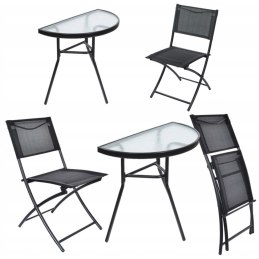 Zestaw Balkonowy CT191 2+1  Półokrągły Stolik ze Szkła + 2 Składane Krzesła Kompaktowy i  Nowoczesny