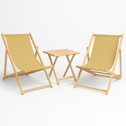 Wakacyjna Strefa Komfortu – 2 Leżaki z Drewnianym Stolikiem składanym BEŻ