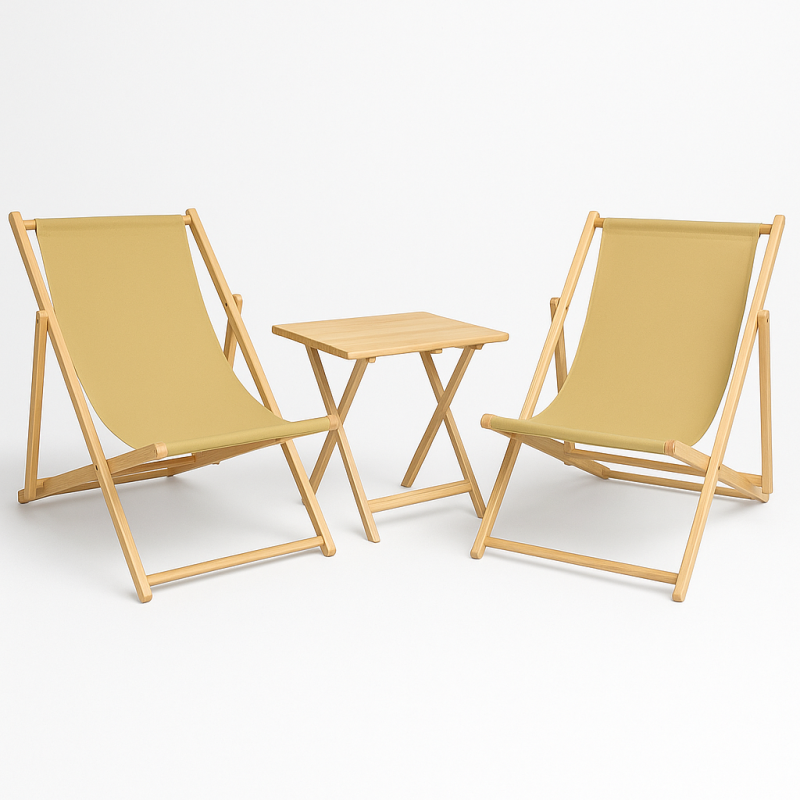 Wakacyjna Strefa Komfortu – 2 Leżaki z Drewnianym Stolikiem składanym BEŻ