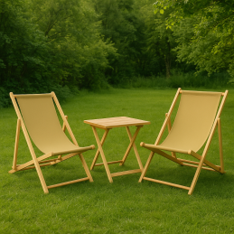 Wakacyjna Strefa Komfortu – 2 Leżaki z Drewnianym Stolikiem składanym BEŻ