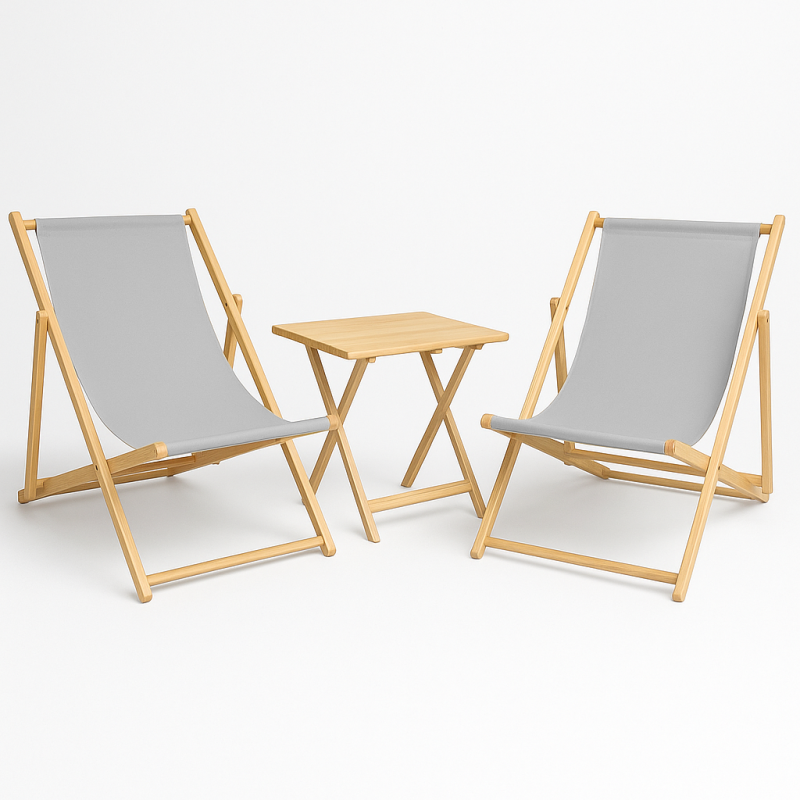 Wakacyjna Strefa Komfortu – 2 Leżaki z Drewnianym Stolikiem składanym Szary