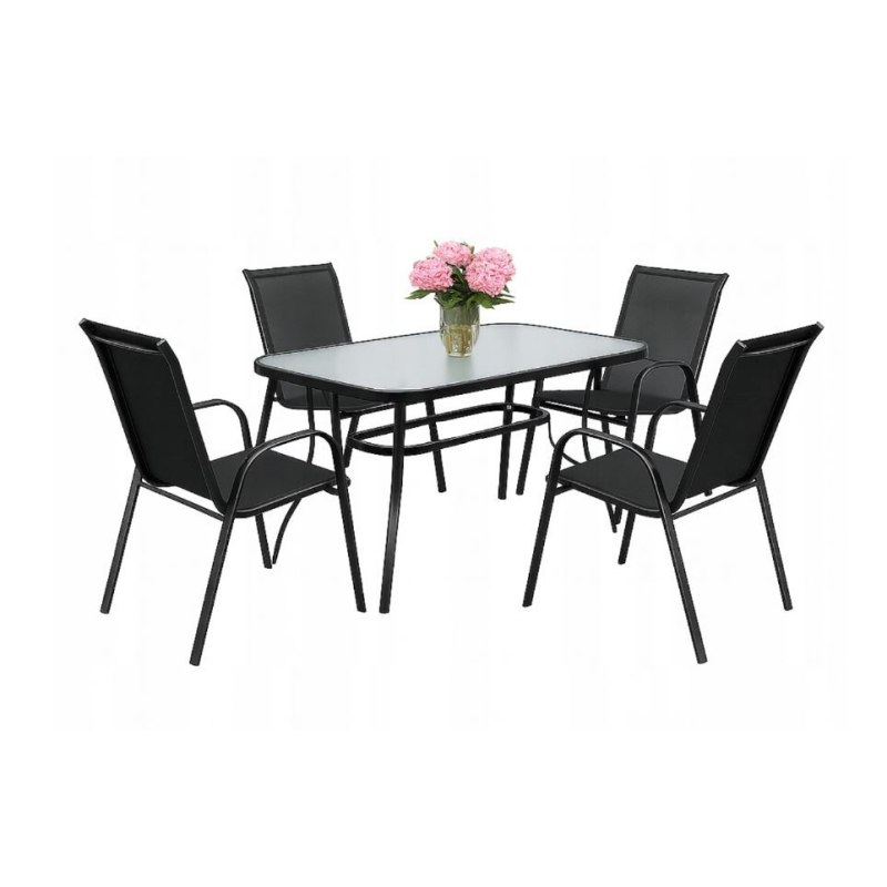 Zestaw mebli ogrodowych stół szklany T25 prostokątny 120x80+ 4 krzesła PATIO do ogrodu na balkon