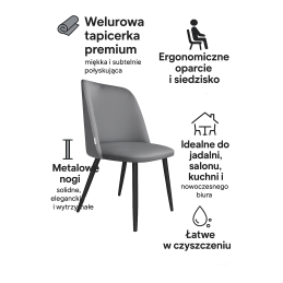 Krzesło welurowe GOYA BL14 szare na czarnych nogach