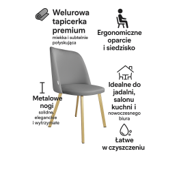 Krzesło welurowe GOYA BL14 – szare, złote nogi