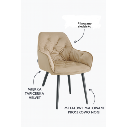 Krzesło EMMA pikowane welur na metalowych nogach – styl