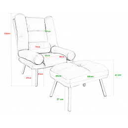 Fotel TOKIO tkanina Welur rozkładany z podnóżkiem noga metalowa