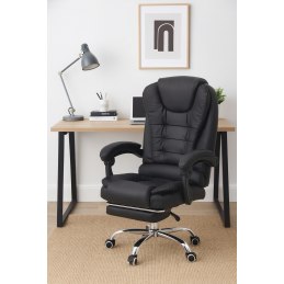 Fotel obrotowy z wysokim oparciem i podnóżkiem – elegancki fotel biurowy