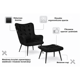 Fotel wypoczynkowy RELAX uszak z podnóżkiem – czarny