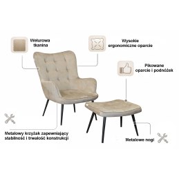 Fotel wypoczynkowy RELAX uszak z podnóżkiem – beżowy