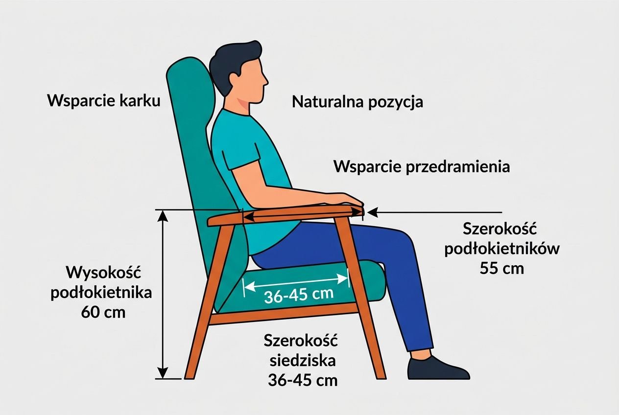 Wymiary ergonomiczne fotela z drewnianymi podłokietnikami